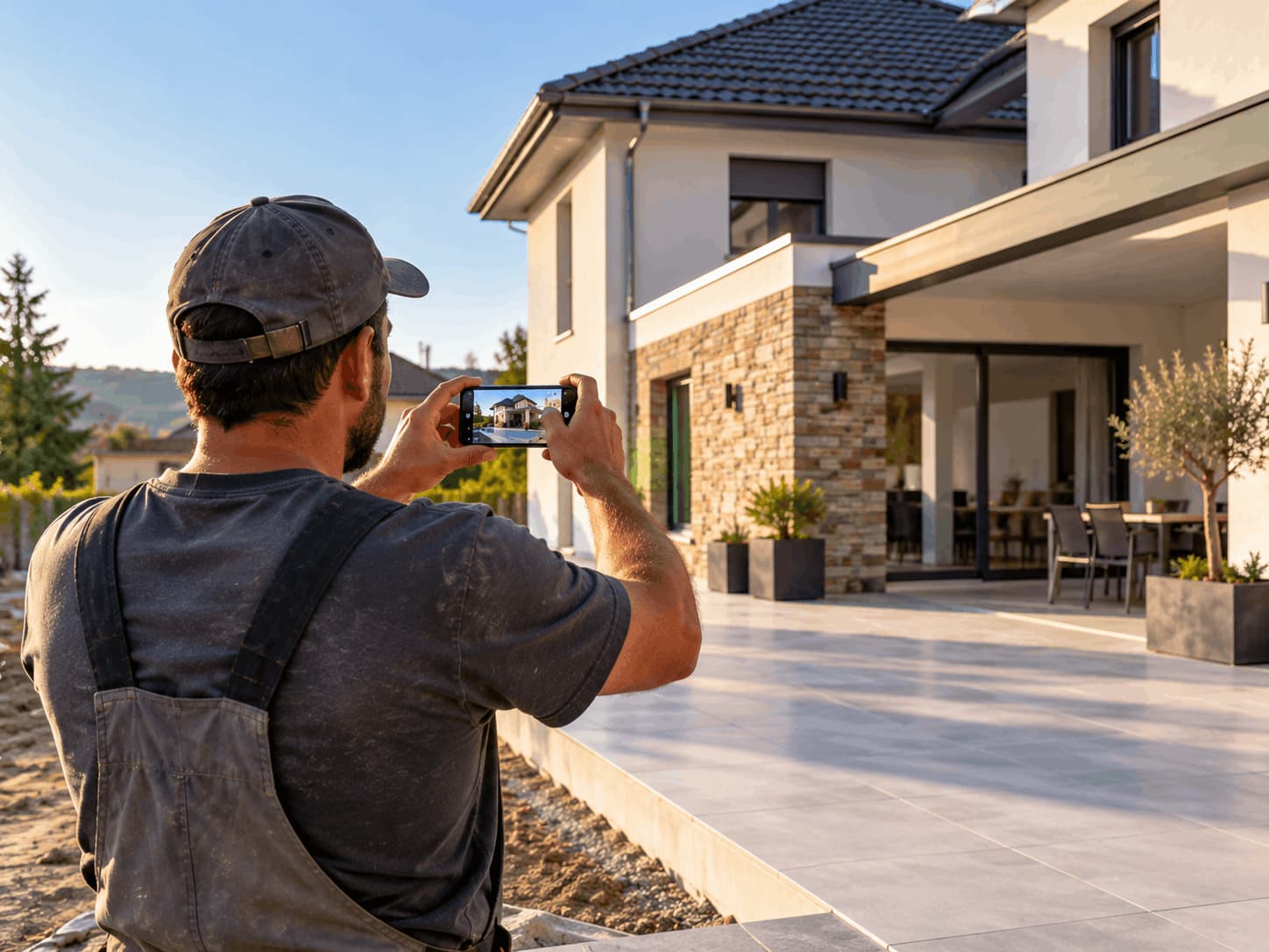 Artisan qui photographie son chantier terminé pour l'ajouter à son site internet