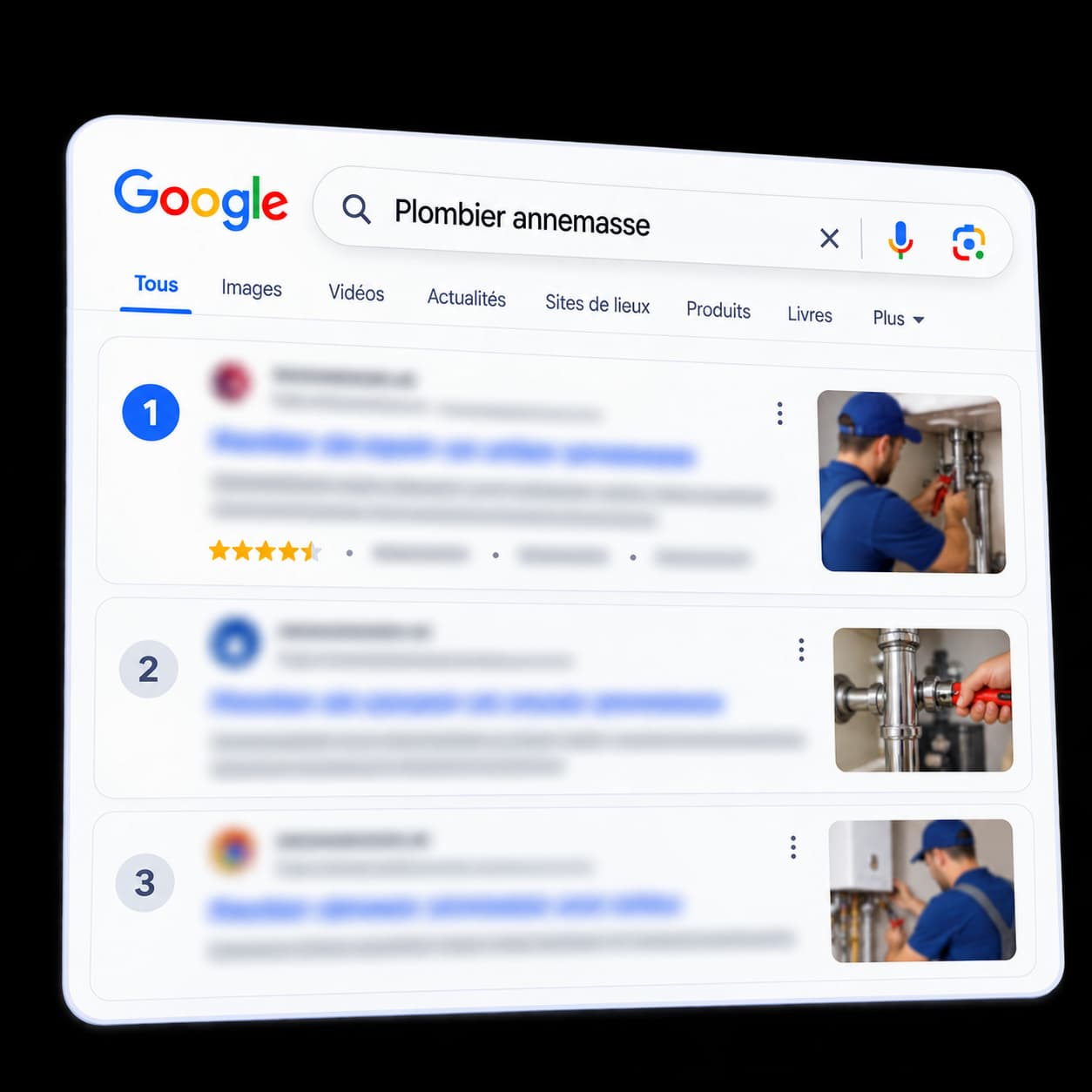 Résultats Google : sites d'artisans positionnés dans le top 3